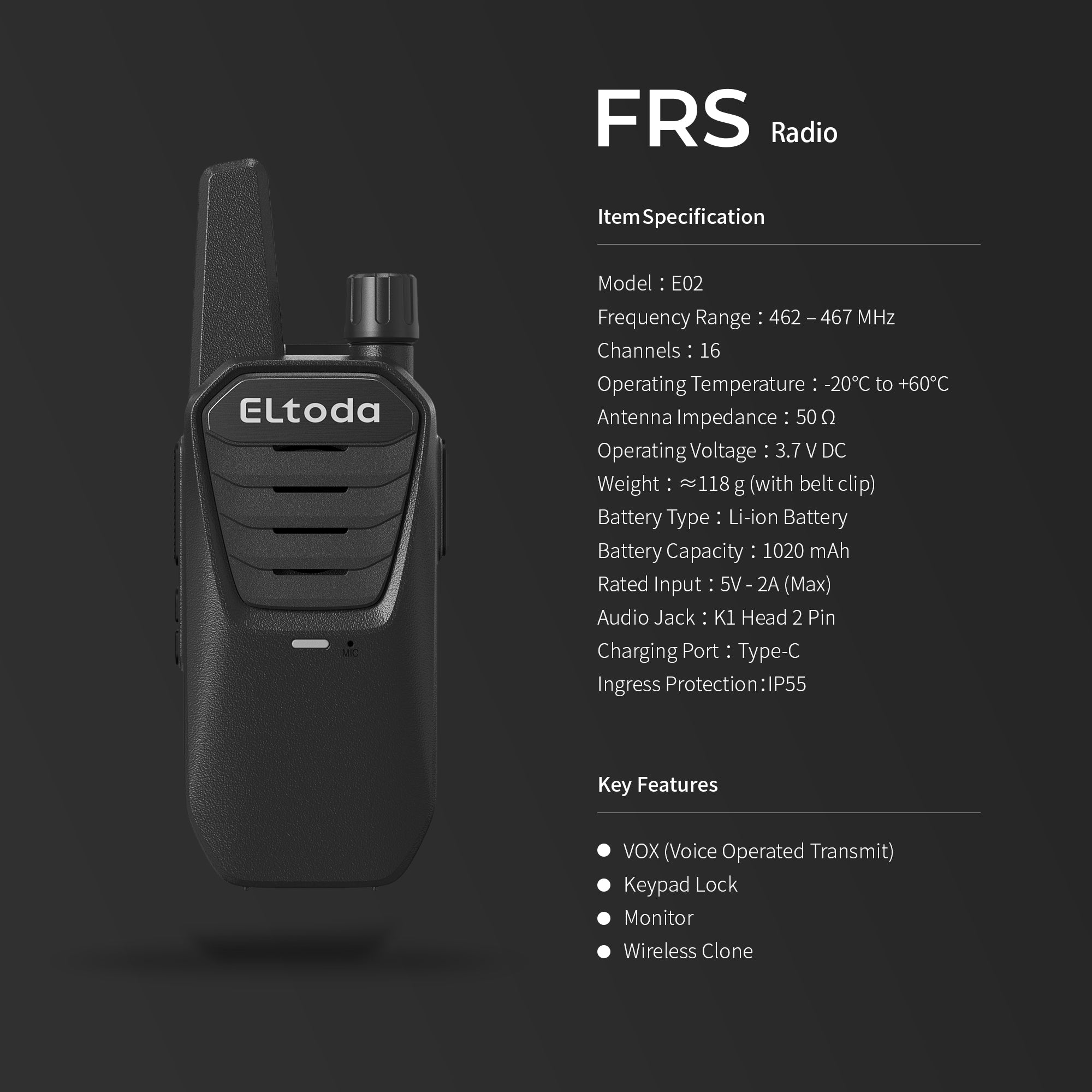Walkie Talkies Long Range for Adults, FRS 2 Way Radio with Vox & USB-C Charging, Portable Mini Business Walkie Talkie for Woring Cruise Hiking Camping - 2 Pack